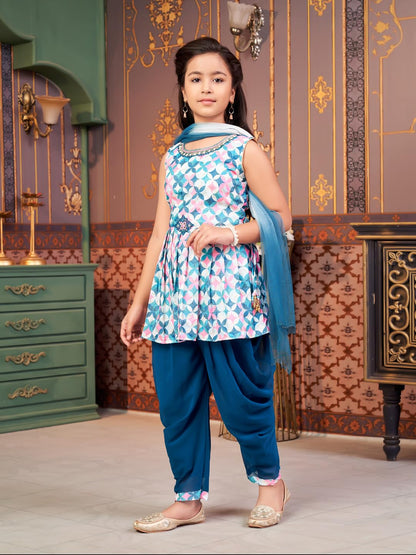 Aarika Girls Ethnic Wear Sea Green Colour Floral Print Beads Embroidery Cotton Blend Dhoti Kurta Set With Dupatta-4-9 Years (Dh-