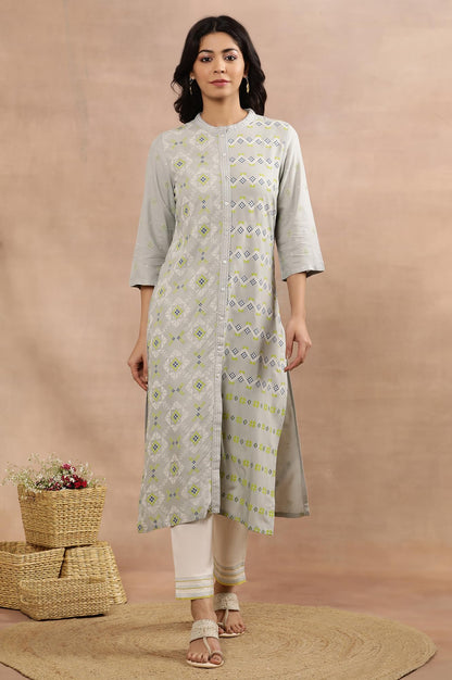 W for Woman W Women Grey Geometric Print Viscose Straight Kurta set with Slim Pant