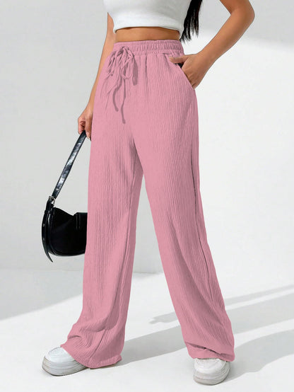 Sugathari Womens Baby Pink Loose Wide-Leg Pants with Textured Wrinkled Fabric and Drawstring Waist Long Trousers (Trouser 157 B
