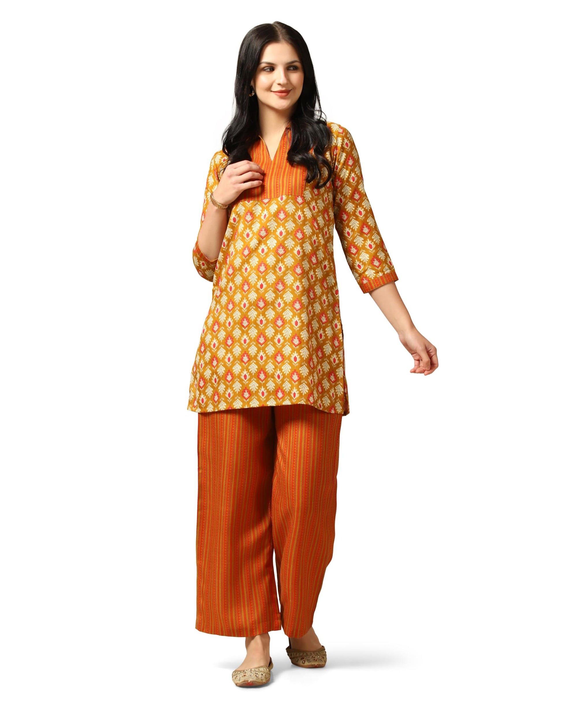 Toplot WomenS Cotton Blend Printed Straight Kurta With Pant (Kurta-Pant-5175-Orange-S)