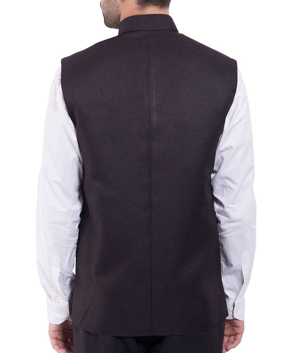 Wintage Men'S Rayon Bandhgala Festive Black Nehru Jacket Waistcoat