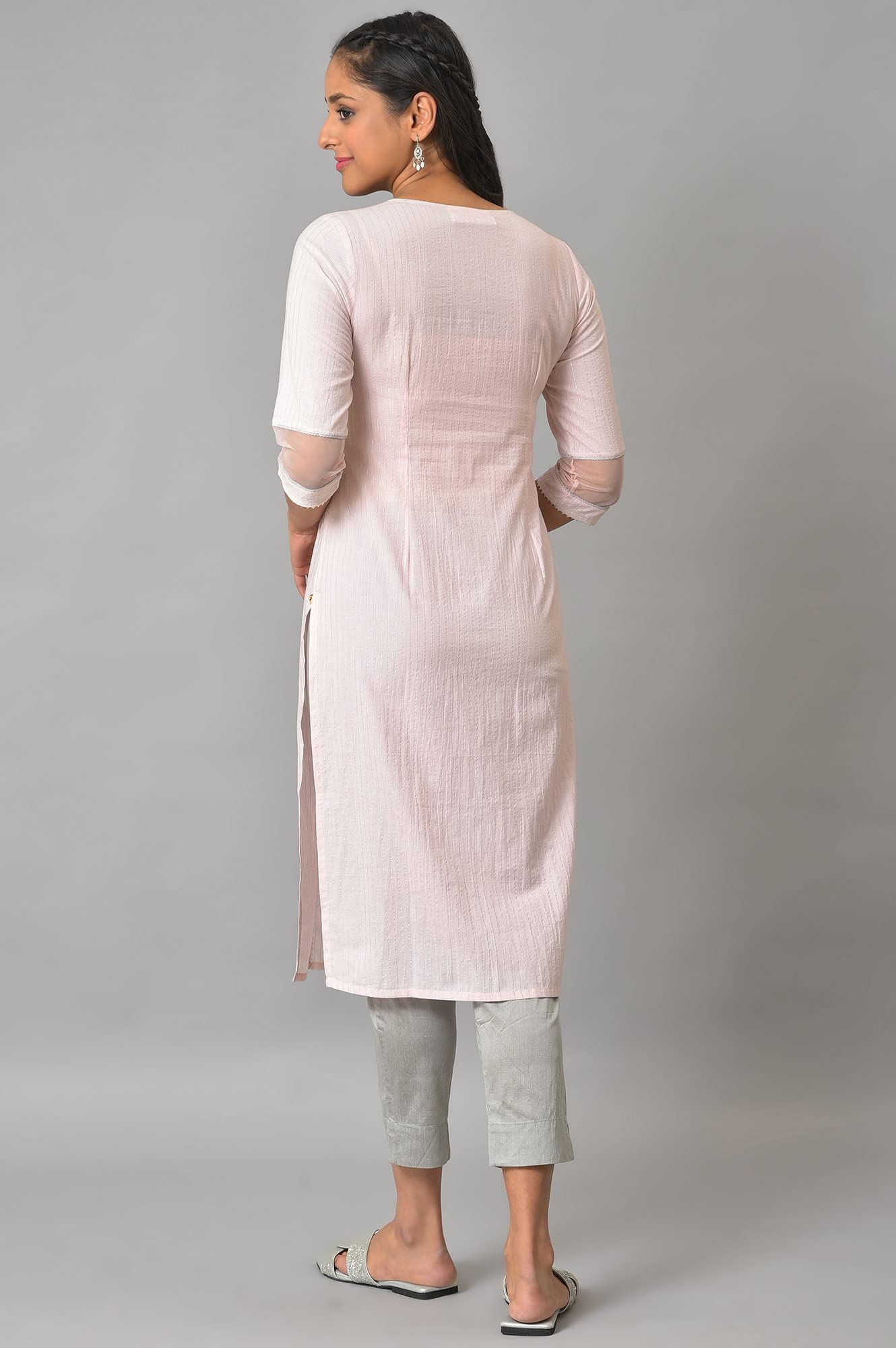 Pink Sequined Lurex Striped Kurta