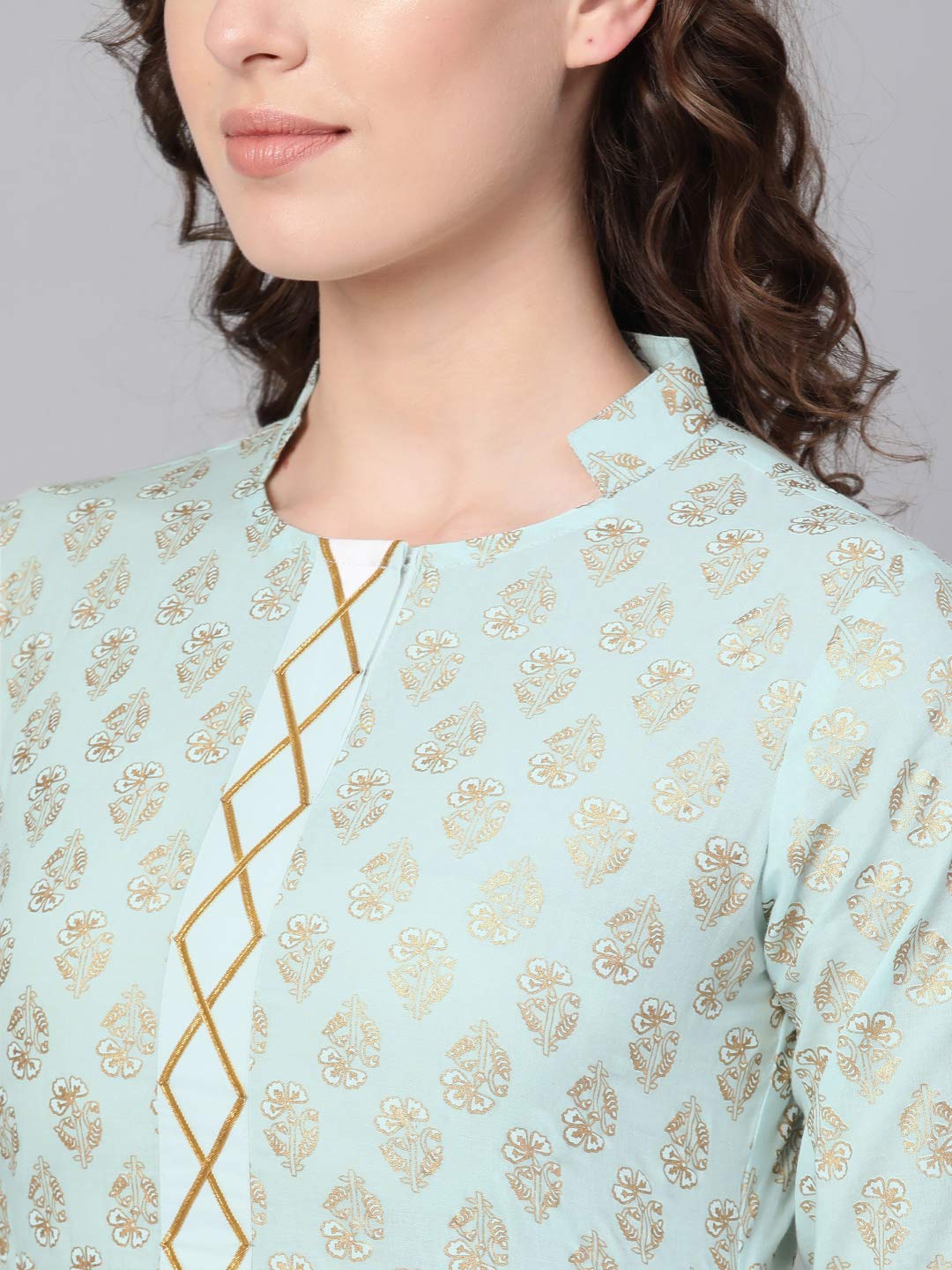 Idalia WomenS Sky Blue Khari Gold Printed Straight Cotton Kurta Set With Pant