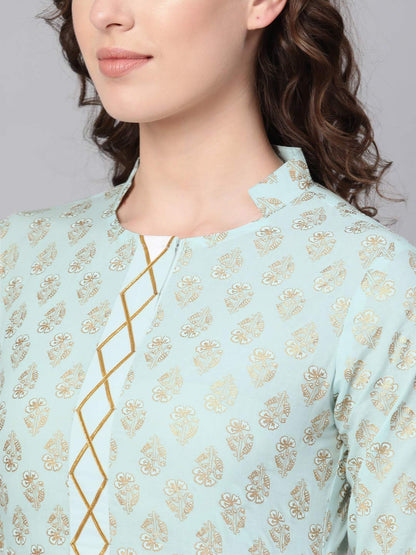 Idalia WomenS Sky Blue Khari Gold Printed Straight Cotton Kurta Set With Pant