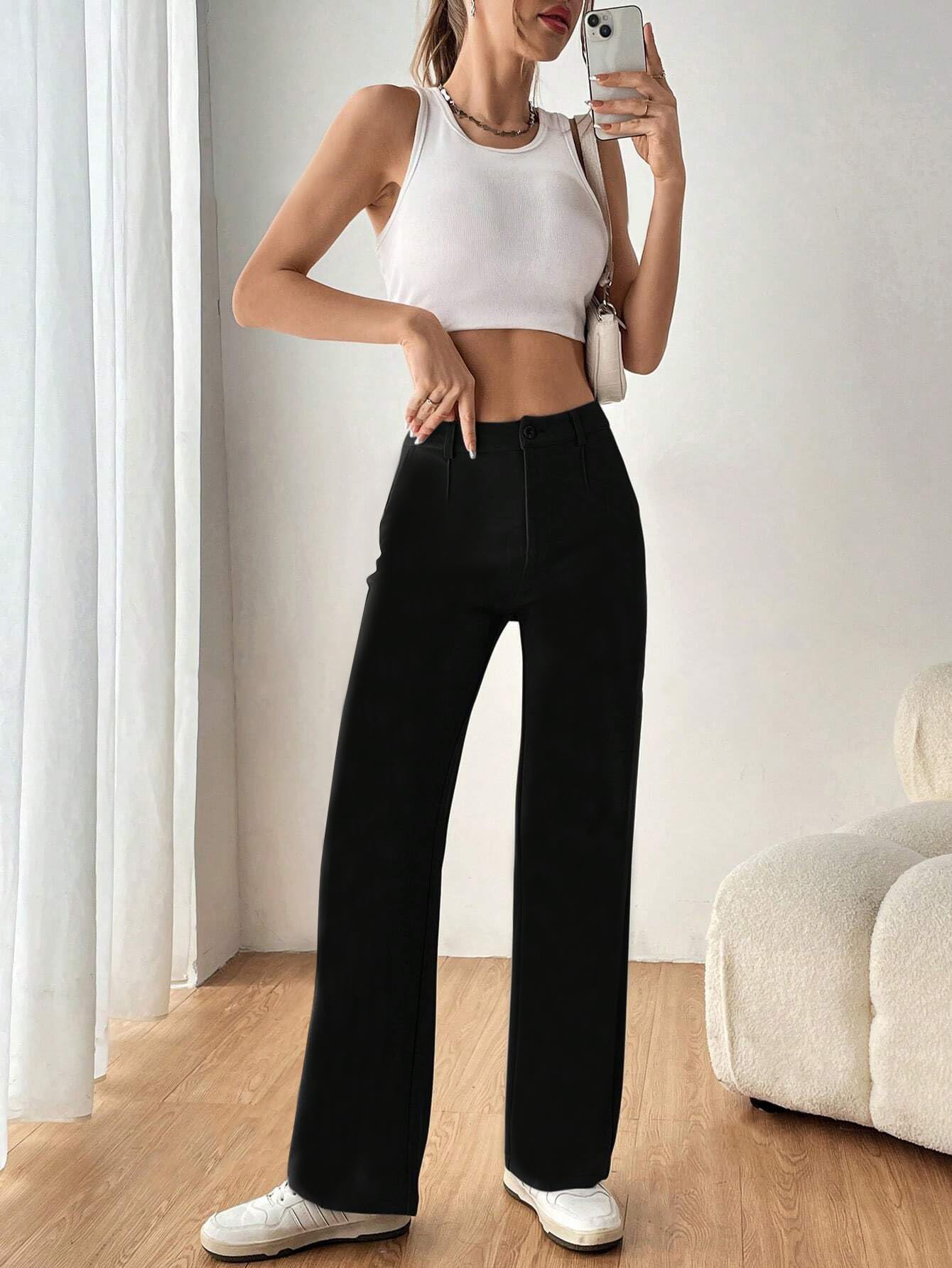 Toochki Womens Straight Fit Spandex Blend Solid Trouser Black Color