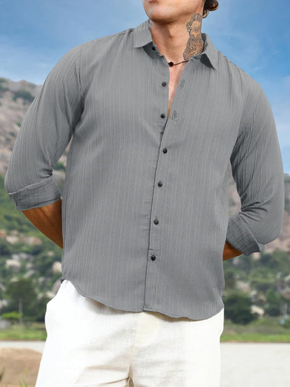 Finivo Fashion MenS Striped Cotton Casual Button Down Shirts Long Sleeve Textured Summer Beach Shirt For Men Grey