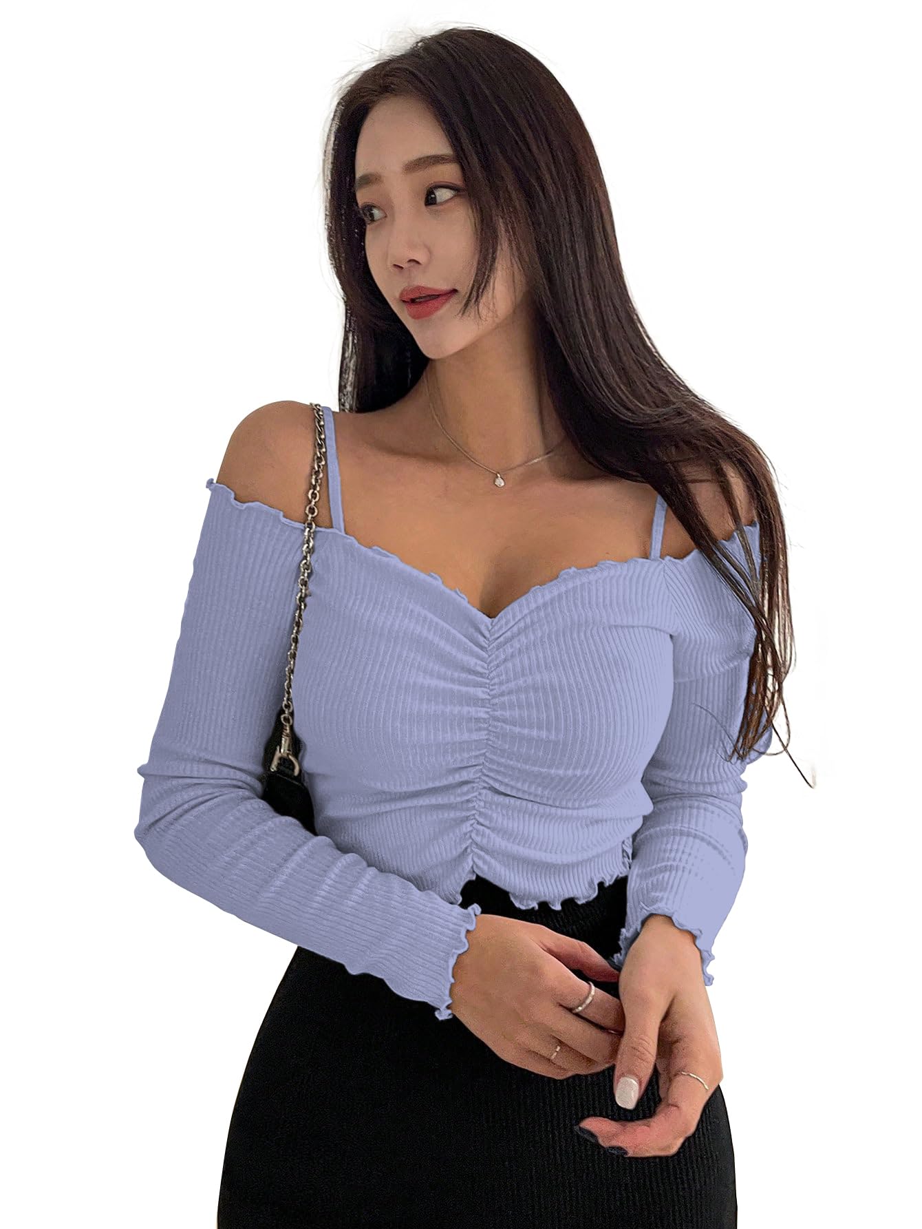 Sugathari Womens Sky Blue Solid Colour Open Cold Off Shoulder Long Sleeve Lettuce Hem Casual Autumn Trim Tight- Slim Fitting Ru