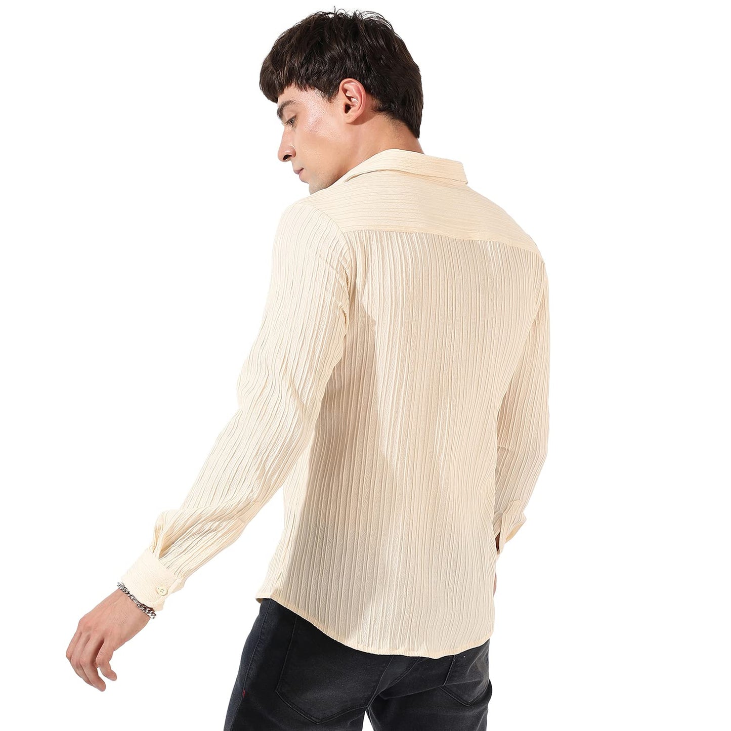 Campus Sutra Mens Light Yellow Textured Button Up Spread Collar Shirt for Casual Wear | Regular Fit | Poly Lycra Shirt Crafted