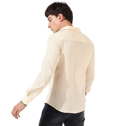 Campus Sutra Mens Light Yellow Textured Button Up Spread Collar Shirt for Casual Wear | Regular Fit | Poly Lycra Shirt Crafted