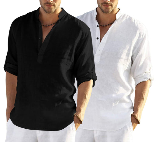 Hemrin Combo Of MenS Cotton Blend Full Sleeve Short Kurta Shirt With Mandarin Collar Pack Of 2 Black-White
