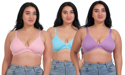 Fabme WomenS Cotton Wire Free Casual Balconette Bra (Pack Of 3) (Po3-Br_219_Seagreen, Lavender, Pink
