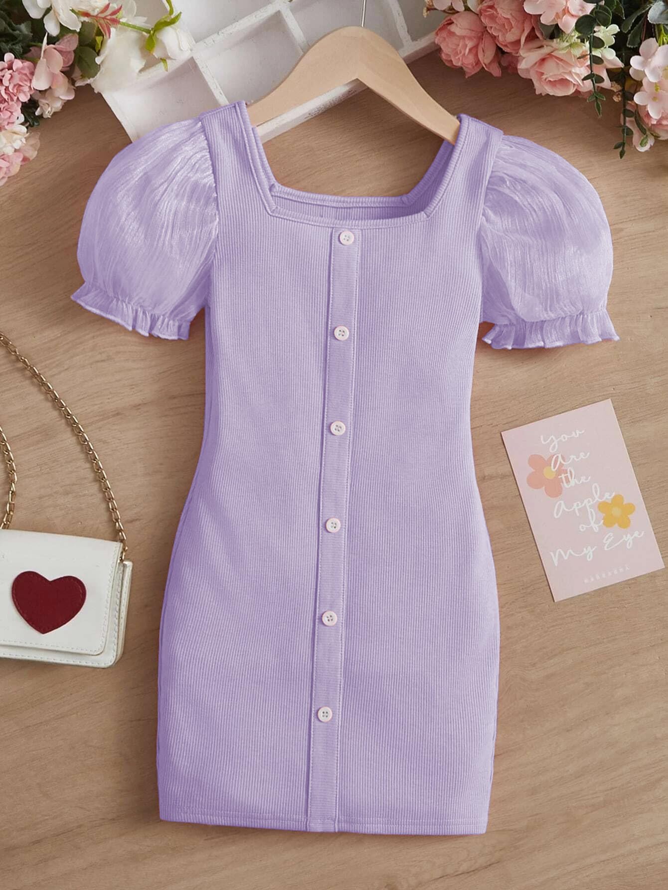 TAGAS Young Girl Contrast Dobby Mesh Puff Sleeve Dress || Girls Dress || Party Dress for Girls ||Fency Dress||(GCD) Lavender