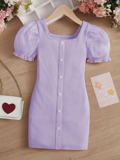 TAGAS Young Girl Contrast Dobby Mesh Puff Sleeve Dress || Girls Dress || Party Dress for Girls ||Fency Dress||(GCD) Lavender