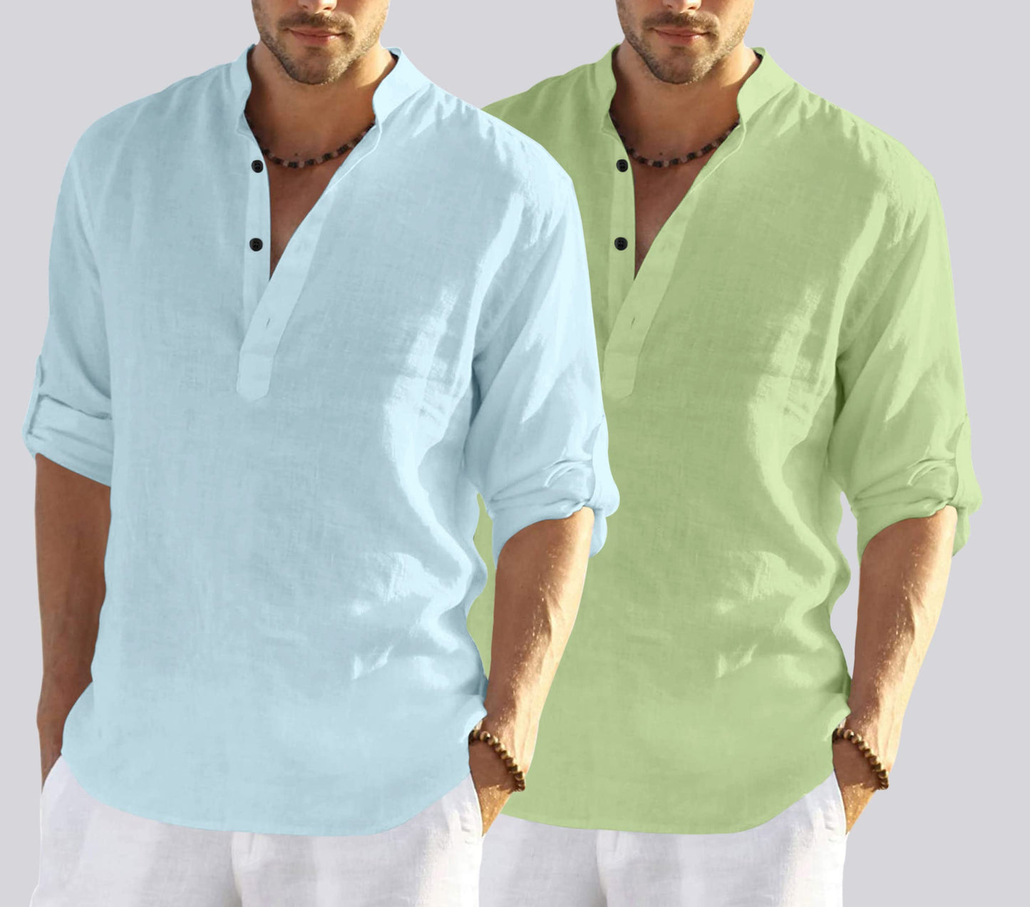 Hemrin Combo Of MenS Cotton Blend Full Sleeve Short Kurta Shirt With Mandarin Collar Pack Of 2