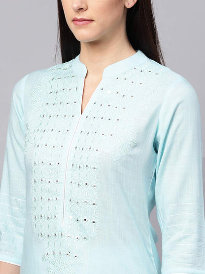 Idalia Sky Blue Embroidered Kurta With White Palazzo Pants