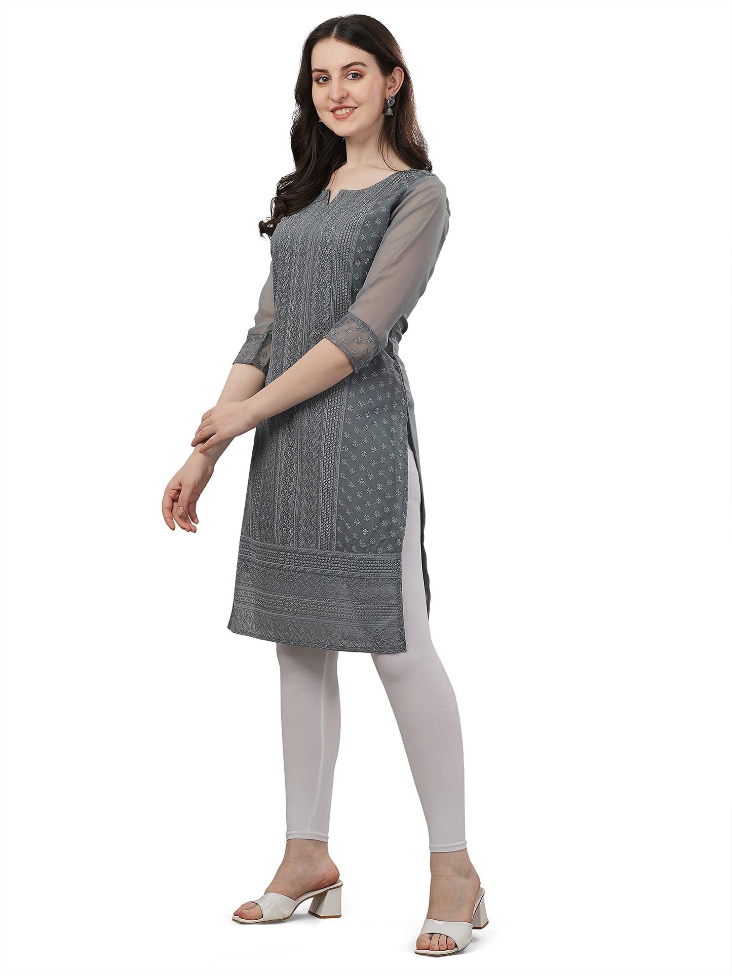 Fashion2wear Womens Georgette Chikankari Embroidered Notched Neck 3/4 Sleeve Knee Length Straight Kurta for Girls (Biba_Kurti_G