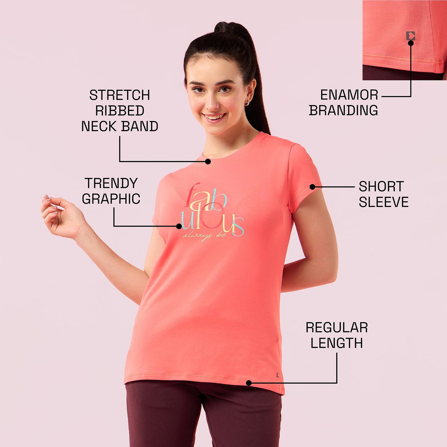 Enamor Womens Graphic Slim Fit T-Shirt (E147_Coral Fabulous