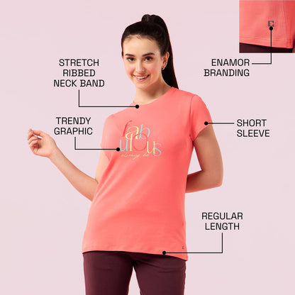 Enamor Womens Graphic Slim Fit T-Shirt (E147_Coral Fabulous