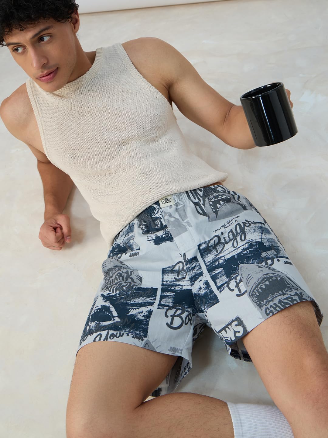 The Souled Store Jaws: Bigger Boat Men and Boys Pull On Blue All Over Printed Regular Fit Cotton Boxer Shorts
