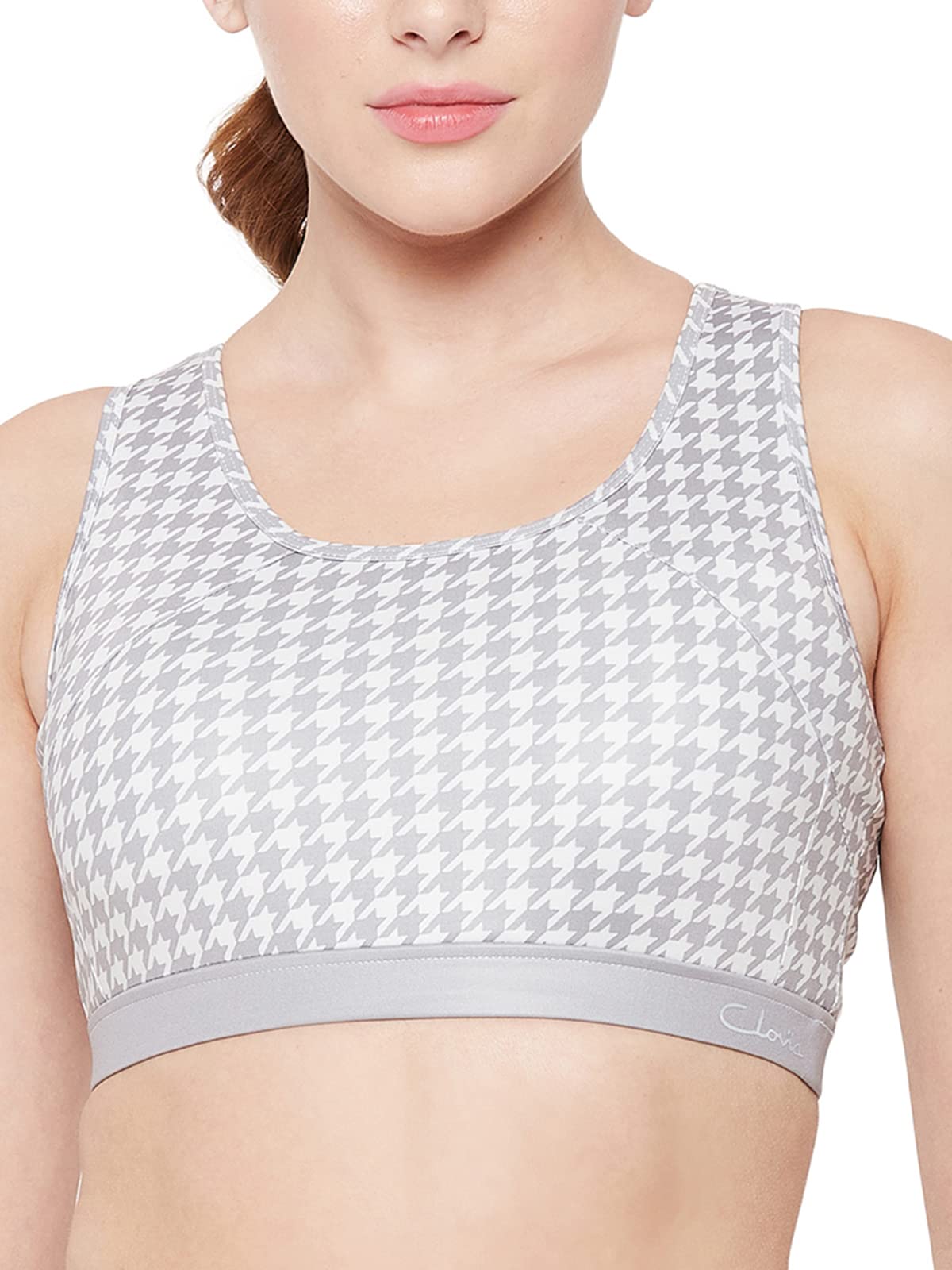 Clovia Womens Medium Impact Classy Checks Printed Padded Wirefree Sports Bra (BRS025P01_Grey_L)
