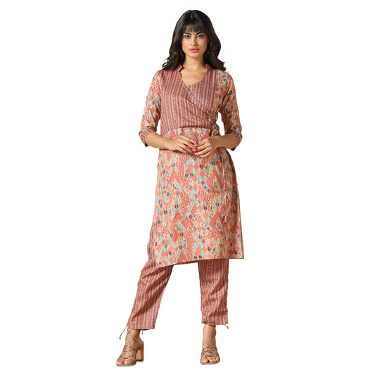 Leriya Fashion Kurta Set for Women | Soft Cotton Blend Abstract Leaf Printed Kurti with Pant for Women | Flattering Front Placket Neck Design | Ideal for Festival | Gift for Women