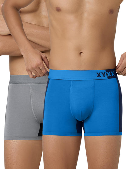 XYXX Mens Underwear Dualist IntelliSoft Antimicrobial Micro Modal Trunk Pack of 2 (Steel Grey & Black;Brilliant Blue & Black Ir