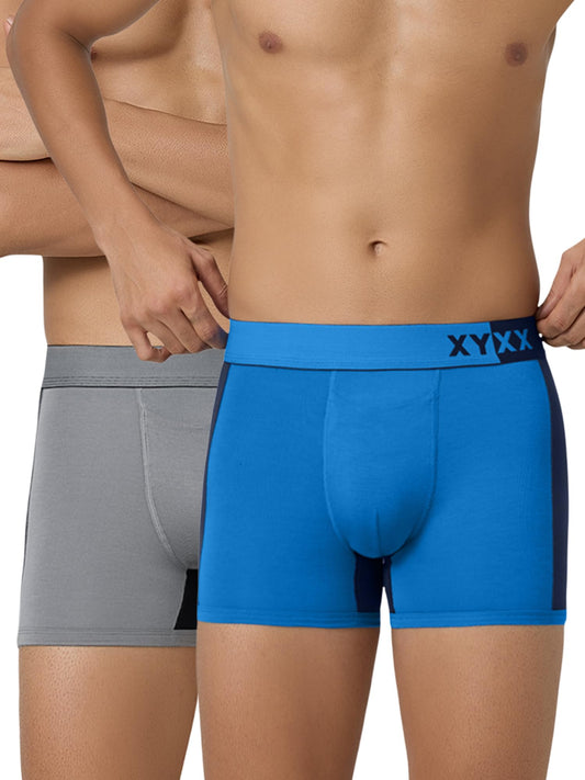 XYXX Mens Underwear Dualist IntelliSoft Antimicrobial Micro Modal Trunk Pack of 2 (Steel Grey & Black;Brilliant Blue & Black Ir