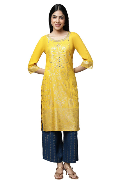 Aurelia Yellow Foil Hand Work Regular Kurta