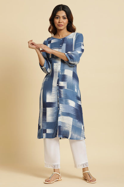 W For Woman Blue Abstract Regular Kurta with Kantha