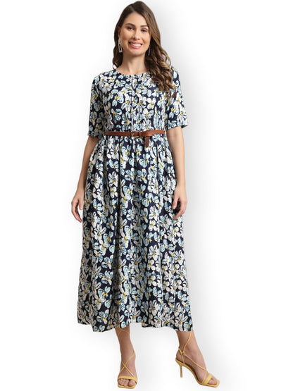 Preneum WomenS Georgette Floral Printed 3/4 Slevees A-Line Fit & Flare Gown With Beltindo-Western Ethnic Gown || A-Line Maxi Dr