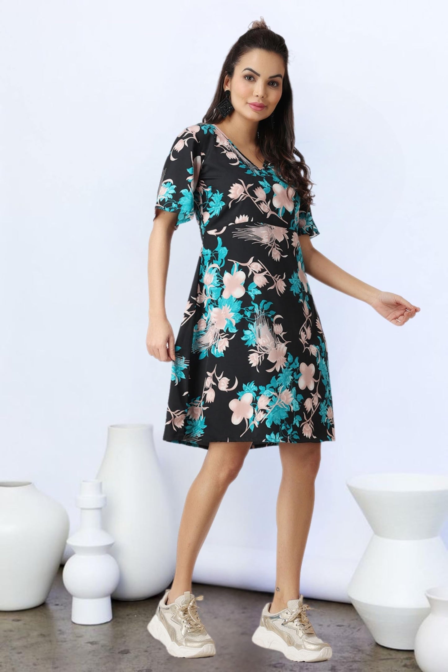 POPWINGS Casual Printed V-Neck Short Sleeves Knee-Length Fit and Flare Dress for Women || Frokc-Style Summer Wear Dresses for Wo