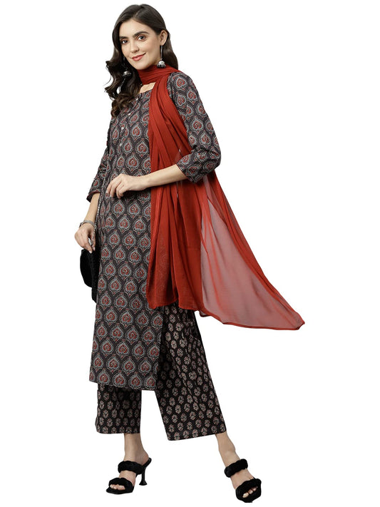 ANNI DESIGNER Women's Cotton Blend Straight Printed Kurta with Palazzo & Dupatta (Anky)