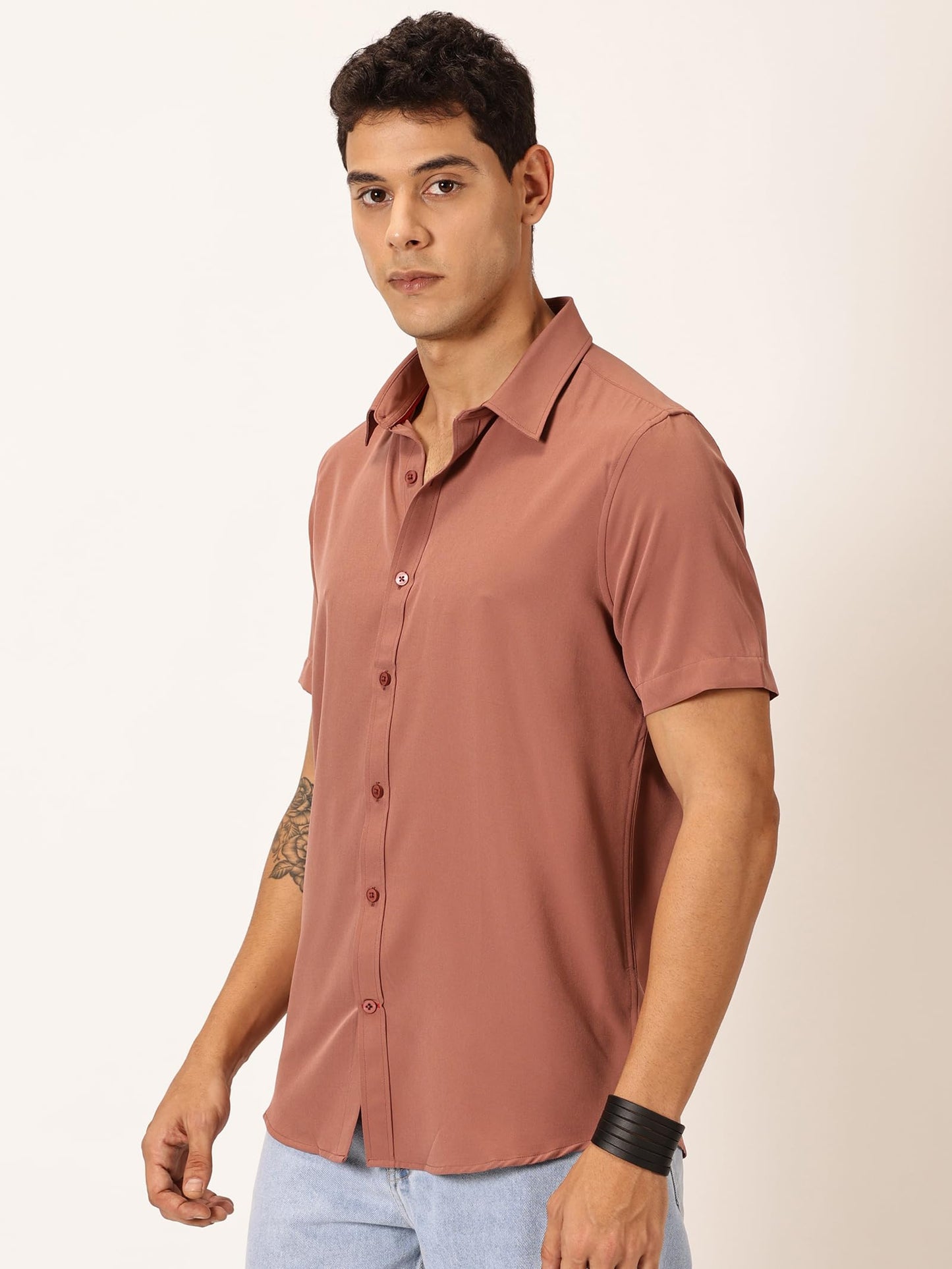 Thomas Scott Mens | Half Sleeve | Solid Plain Color | Regular Fit | Polyester Blend | Spread Collar | Casual | Shirts (Dark Peac
