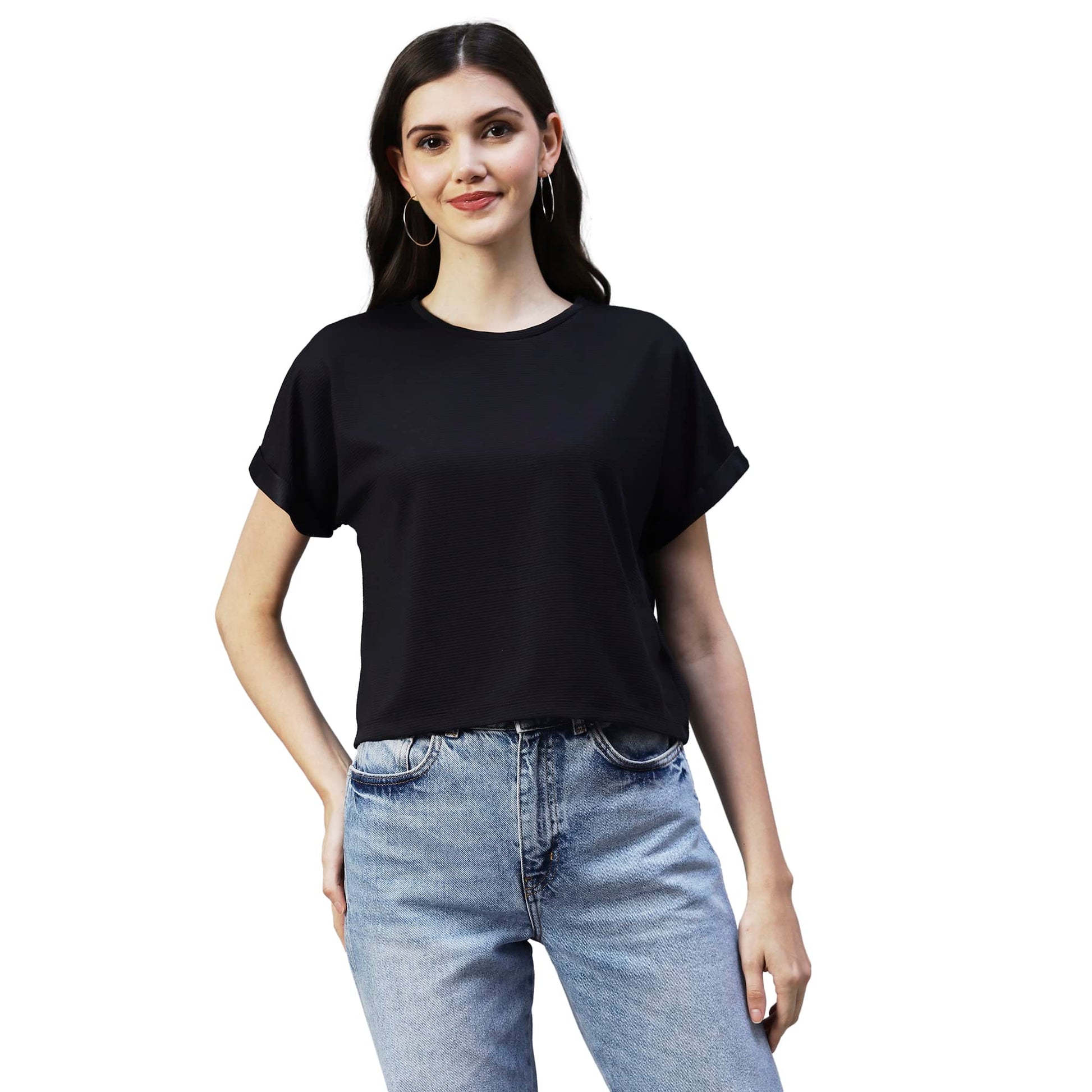 Rigo Women Black Cap Sleeves Poly Corduroy Crop Top