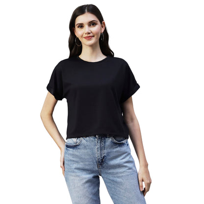 Rigo Women Black Cap Sleeves Poly Corduroy Crop Top