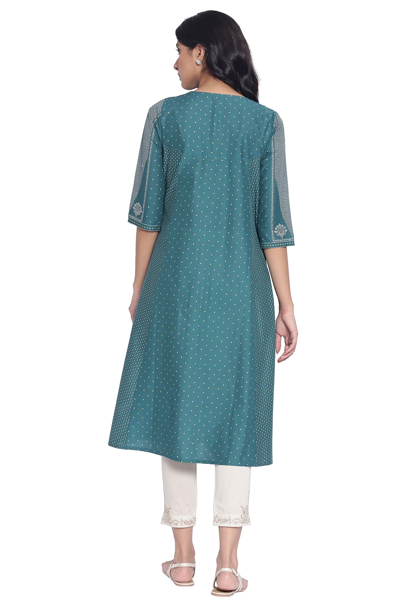 W for Woman Green Polka Dots Printed Flared Kurta