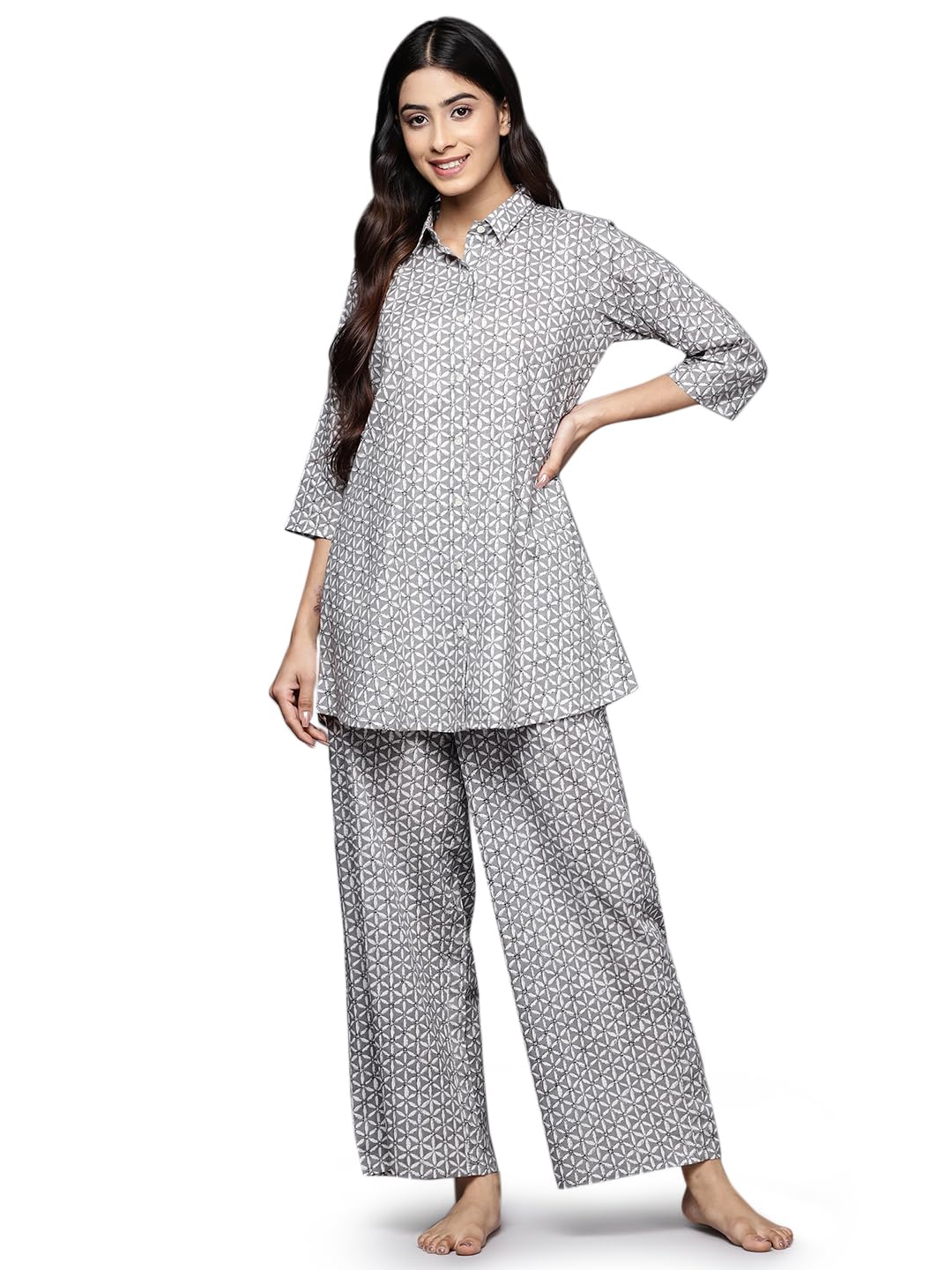 Libas Womens Printed Cotton Night Suit Set For Women Grey