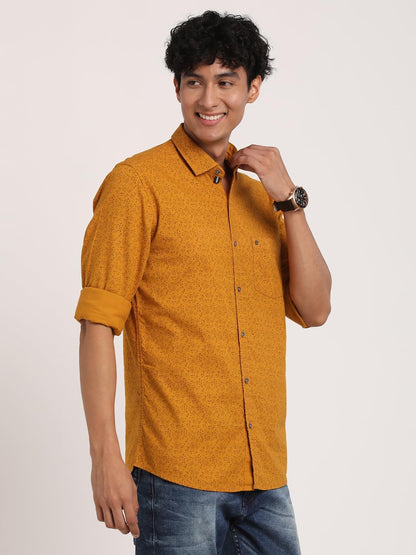 Turtle Men 100% Cotton Slim Fit Mustard Printed Casual Shirt