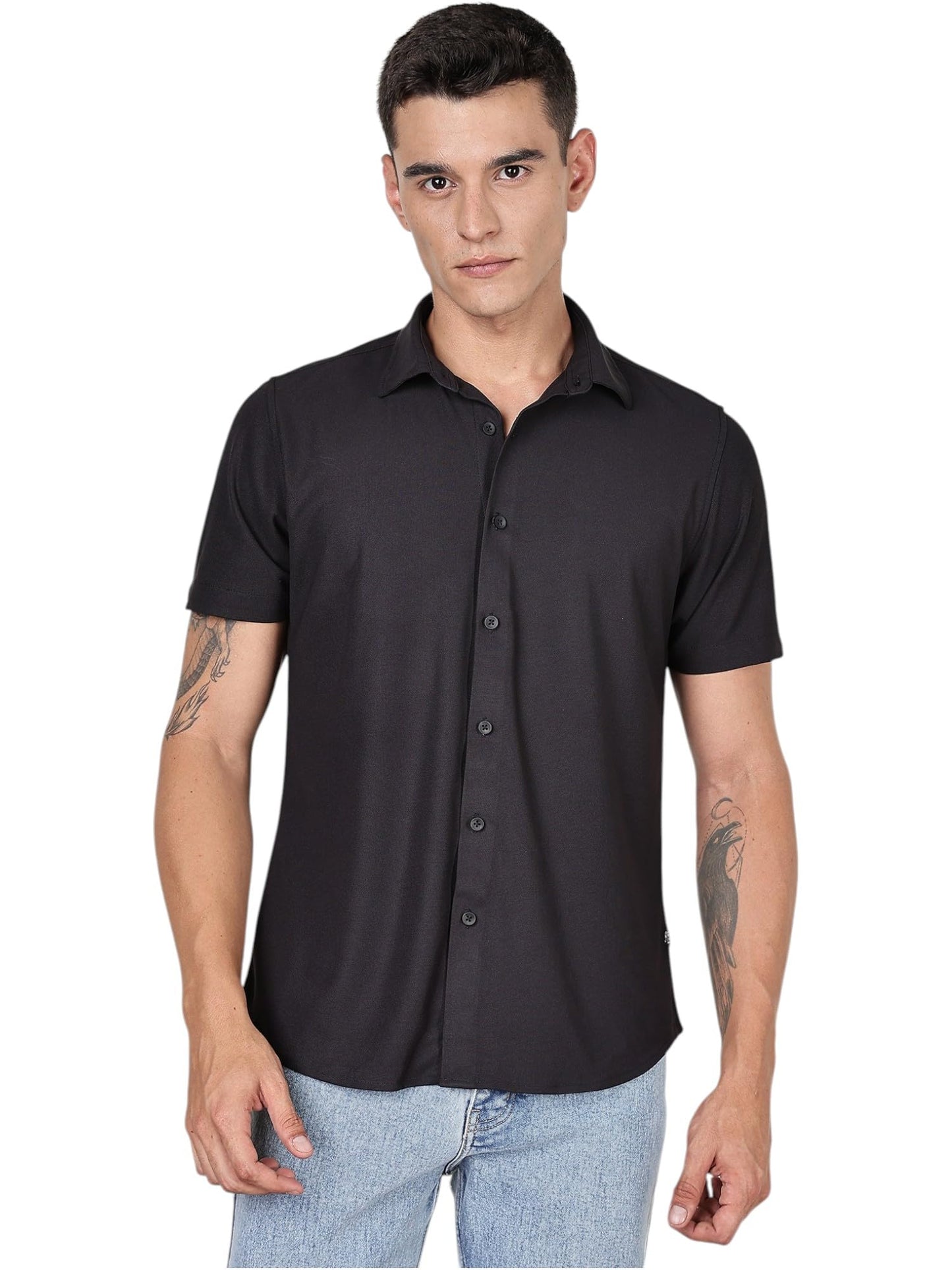 Thomas Scott Mens | Premium | Spread Collar | Slim Fit | Short Sleeves | 4 Way Stretch | Coolmax | Knitted | Casual | Shirts fo