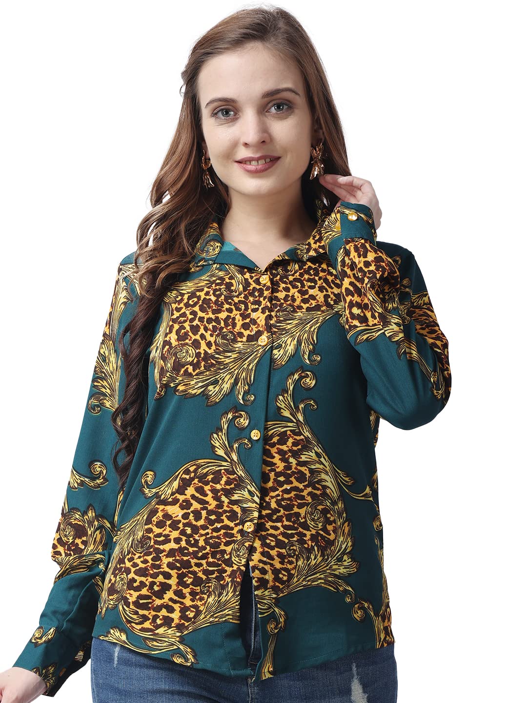 POPWINGS Printed Full-Sleeves Regular-Fit Polyester Printed Shirt for Women Stylish Western Casual Wear