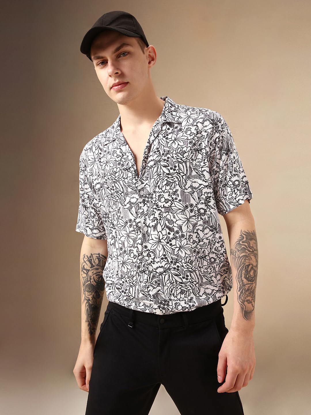 Dennis Lingo Men White Rayon Half Sleeve Cuban Collar Aop Shirts