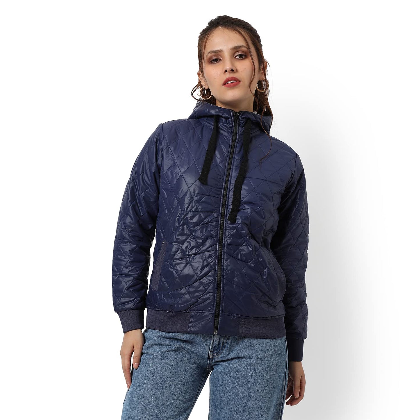 Campus Sutra Women Navy Blue Puffer Regular Fit Bomber Jacket For Winter Wear | Standing Collar | Full Sleeve | Zipper | Casual