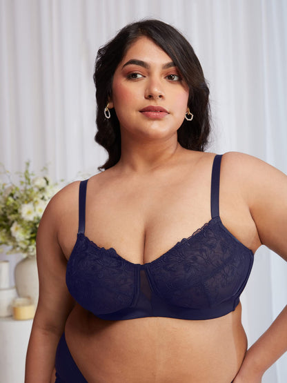 Nykd WomenS Floral Mesh Wirefree Non Padded Bra With Medium Coverage | Deatiled Lace | Bridal Collection - Bra, Nyb230, Navy, 4