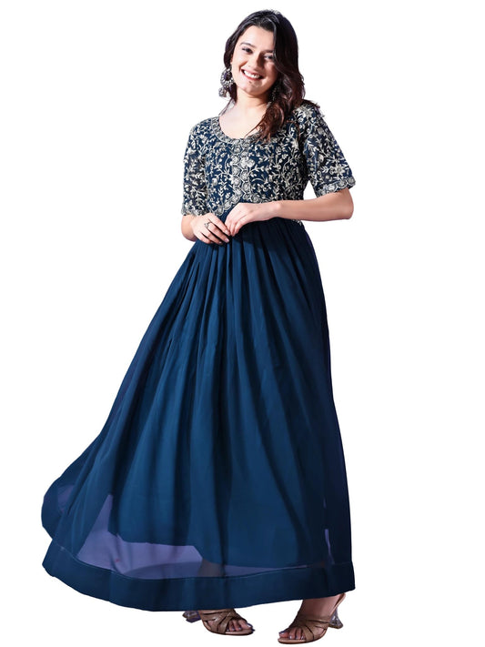 Wedani Georgette Embroidered Long Gown for Women Turquoise