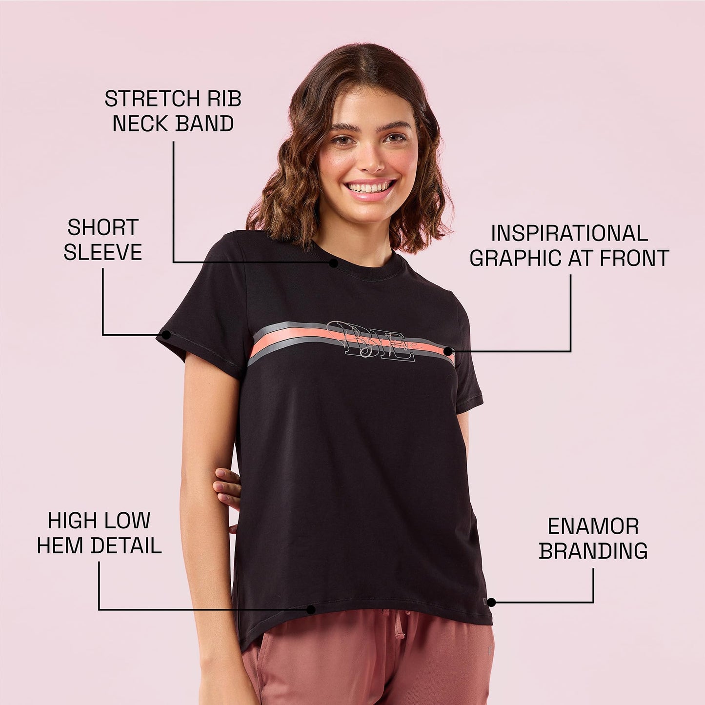 Enamor Womens Striped Relaxed Fit T-Shirt (E3S5_Jet Black/Red Strips