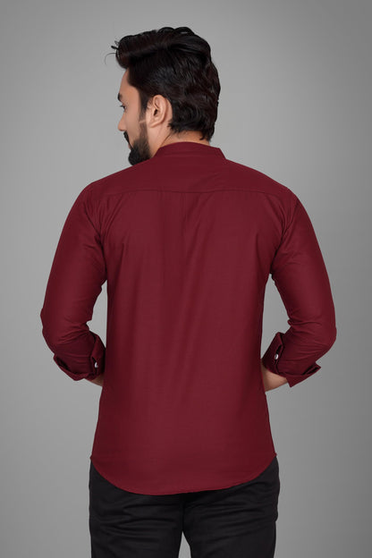 Besix MenS Cotton Solid Shirt With Mandarin Collared Full Sleeve Button Closure Curved Hem Straight Length And One Pocket | Mdr