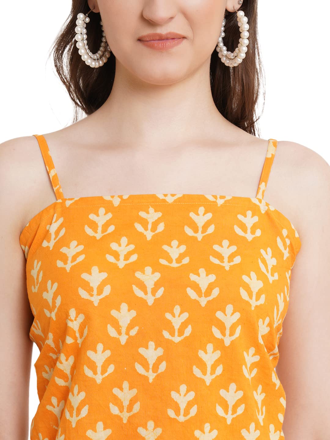 POPWINGS Casual Hankie Cotton Sustainable Bagru Print Crop Top for Women || Square Neck Crop Top for Women || Sleeveless Crop To