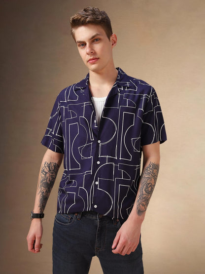 Dennis Lingo Men Blue Printed Viscose Relaxed Fit Half Sleeve Shirts