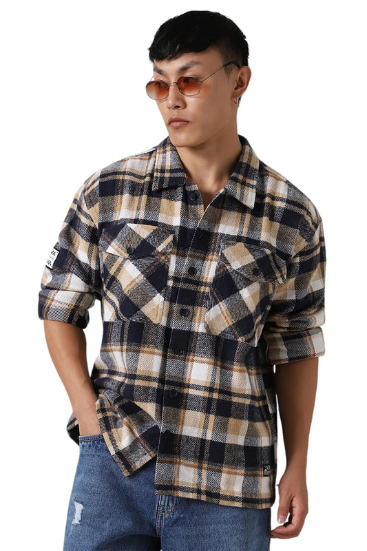 Hubberholme Men Cotton Check Oversized Fit Casual Spread Collar Long Sleeves Shirts