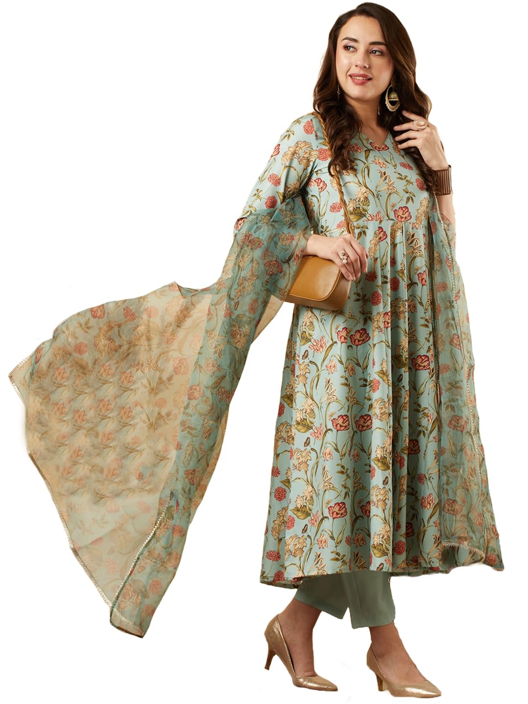 Gosriki WomenS Cotton Blend Anarkali Printed Kurta With Pant & Dupatta (Meets-Green-Gs_5Xl_Green_Xxxxx-Large)